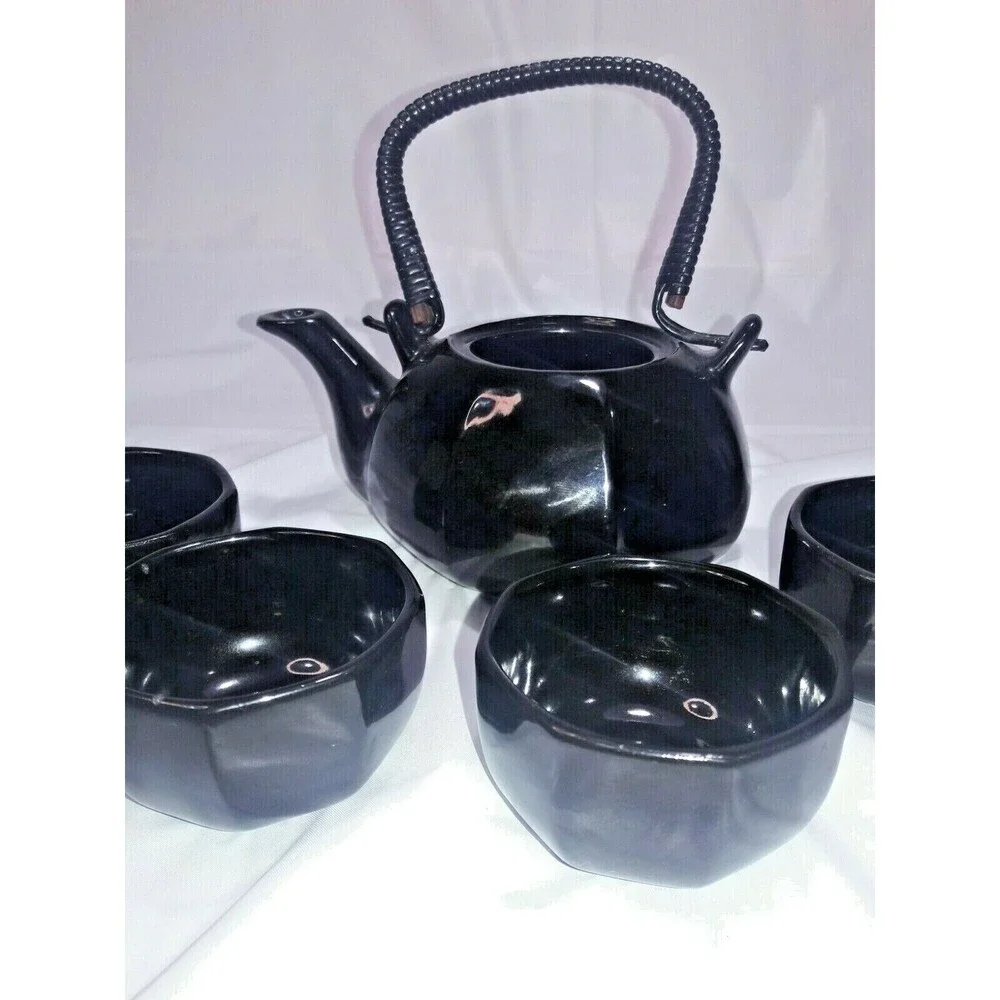 Black Ceramic Tea Set 5 Piece Teapot and 4 Cups